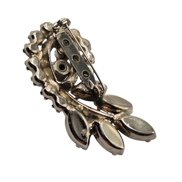 Vintage 1950s Blue Navette Rhinestone Swirl Brooch | Mid  Vintage Blue Rhinestone Brooch Silver Tone Swirl Navette Floral Pin 2 Inch
